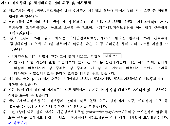 제6조 정보주체 및 법정대리인 권리·의무 및 행사방법